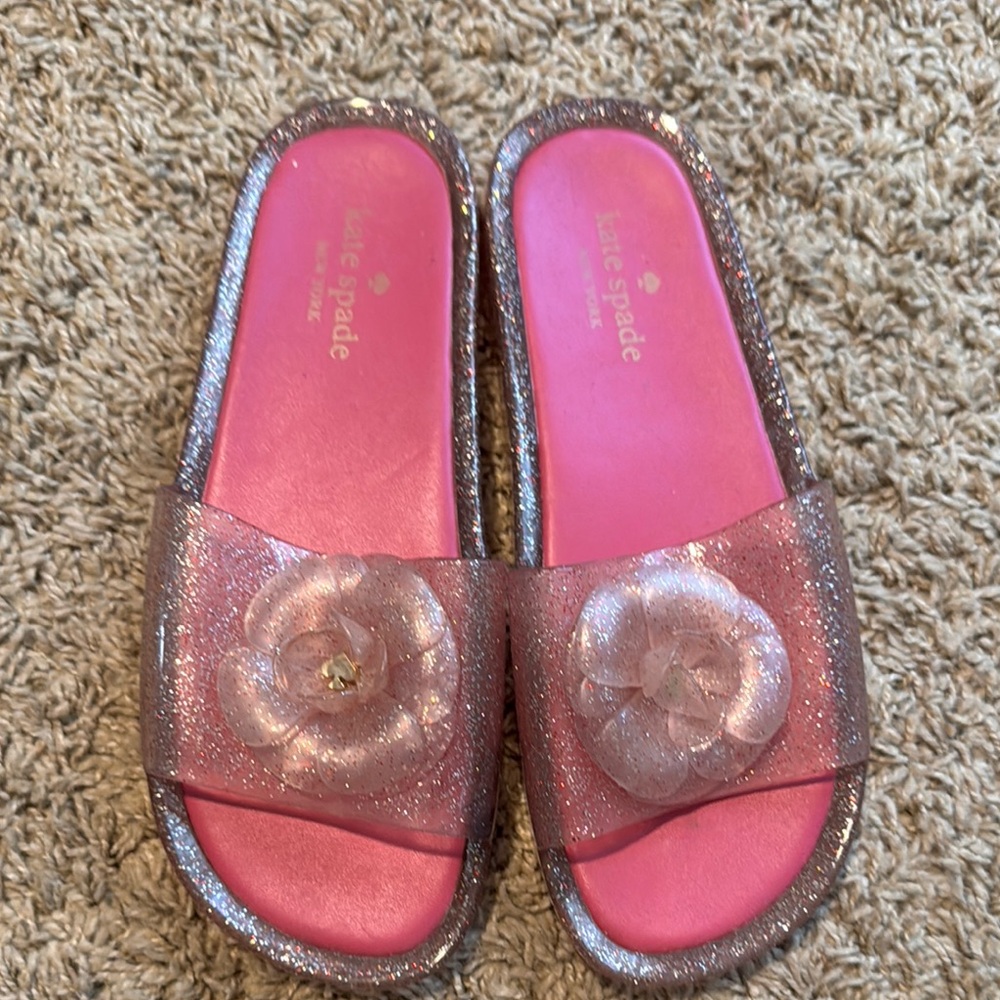 Kate Spade Pink Glitter Slides with Floral Accent